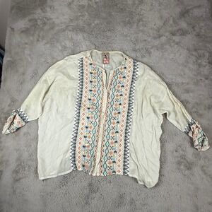Johnny Was‎ Embroidered Blouse Bohemian Tunic Western Top Cream Sz M Aztec Boxy